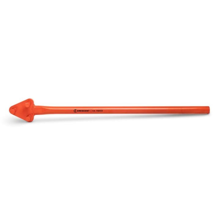 Orange Crescent 34-inch 3-pin rebar bender laid horizontally, with the three-pin head at left and the long handle extending right on a white background.