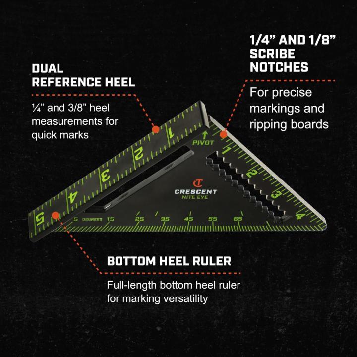 CTS04 4.5-inch NITE EYE™ trim square showing dual reference heel, scribe notches, and bottom heel ruler features for precise layout work.