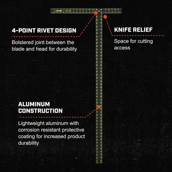 CTS48 48-inch NITE EYE™ T-square showing 4-point rivet design, knife relief, and aluminum construction features for durability and cutting access.