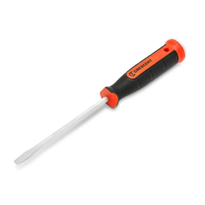 Image of the slotted driver with the blade towards the lower left and the orange and black handle towards the upper right side