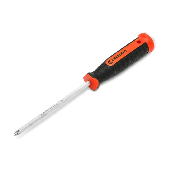 Image of the phillips driver with the blade towards the lower left and the orange and black handle towards the upper right side