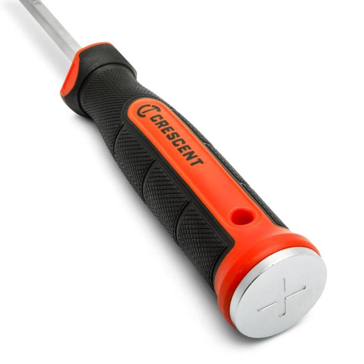 Close up image of the orange and black handle on a white background