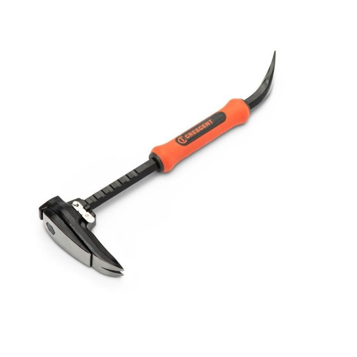 Image of the Crescent 16" adjustable pry bar  laying on its side showing the adjustable jaws close towards the lower left side and the nail puller towards the upper right with its orange and black dual material grip