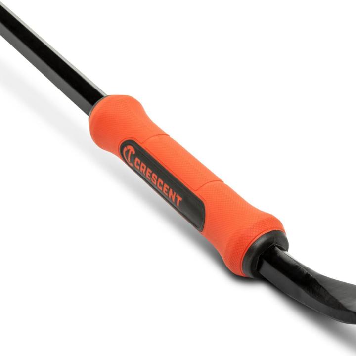 Image of the Crescent 24" adjustable pry bar showing a close up view of the orange and black dual material grip