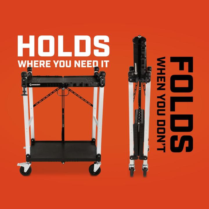 Two-shelf folding utility cart shown open and folded on. Text reads HOLDS WHERE YOU NEED IT and FOLDS WHEN YOU DON'T.