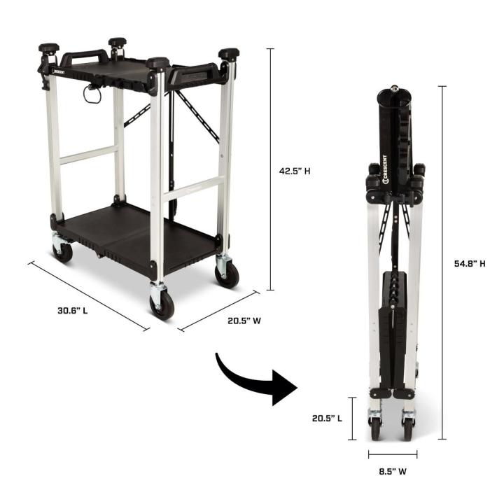 Two-shelf rolling cart shown open and folded. Open: 30.6 in L — 20.5 in W — 42.5 in H; folded: 20.5 in L — 8.5 in W — 54.8 in H.