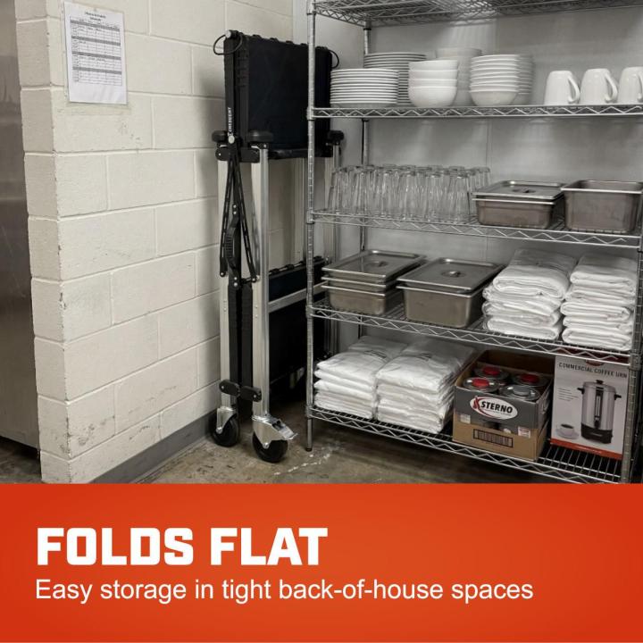 Folded two-shelf cart stands beside kitchen shelving with bowls, glasses, pans and linens. Text reads Folds Flat andEasy storage in tight back-of-house spaces.