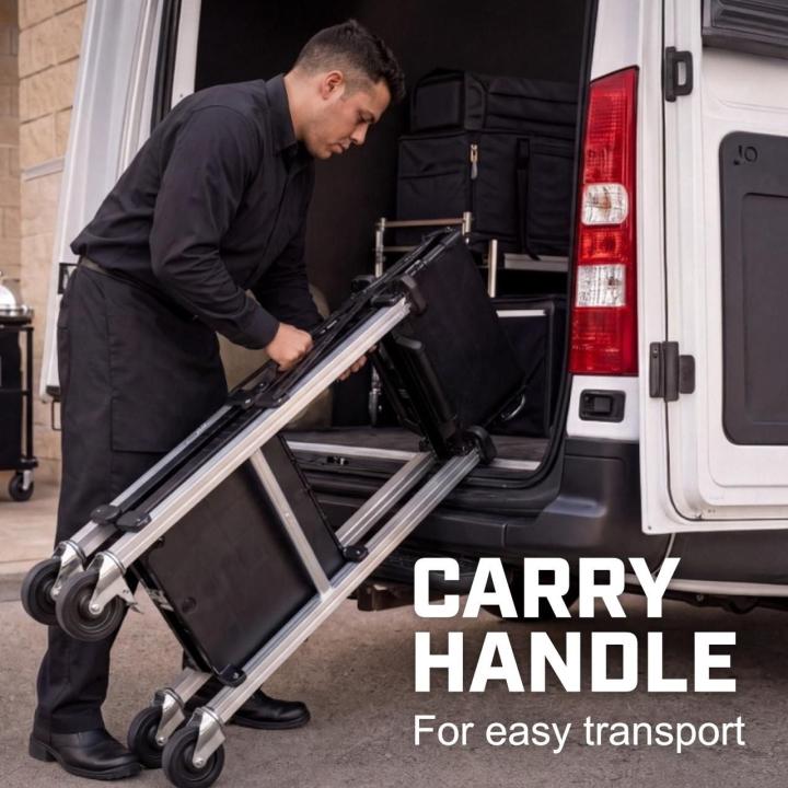 Man loads a folded two-shelf wheeled cart into a van. Text reads CARRY HANDLE,for easy transport.