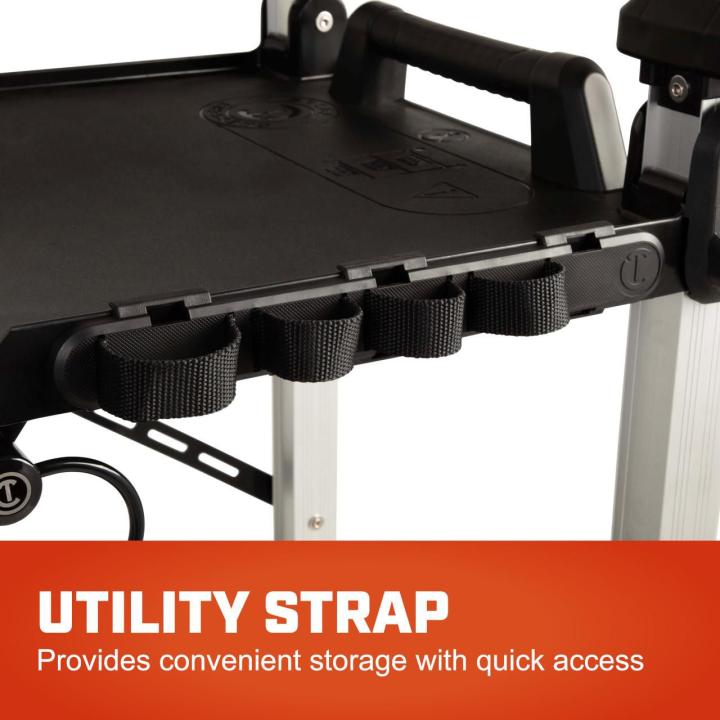 Utility strap with elastic storage loops mounted to the cart. Text reads ulitity strap provides convenient storage with quick access.