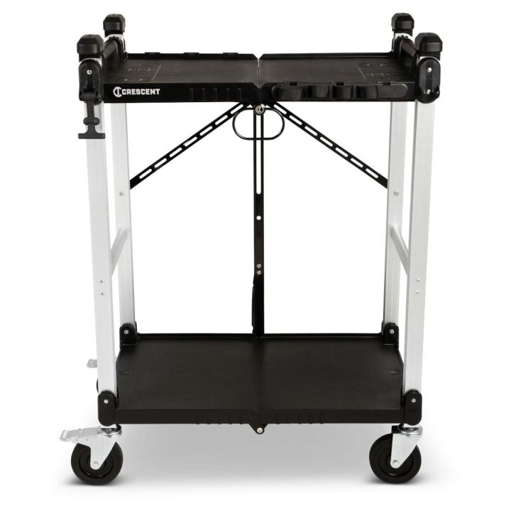 Front view of a black-and-white Crescent SITERUNNER collapsible utility cart with two shelves, four casters, side handles, and diagonal rear braces. Crescent logo on top shelf; white background.