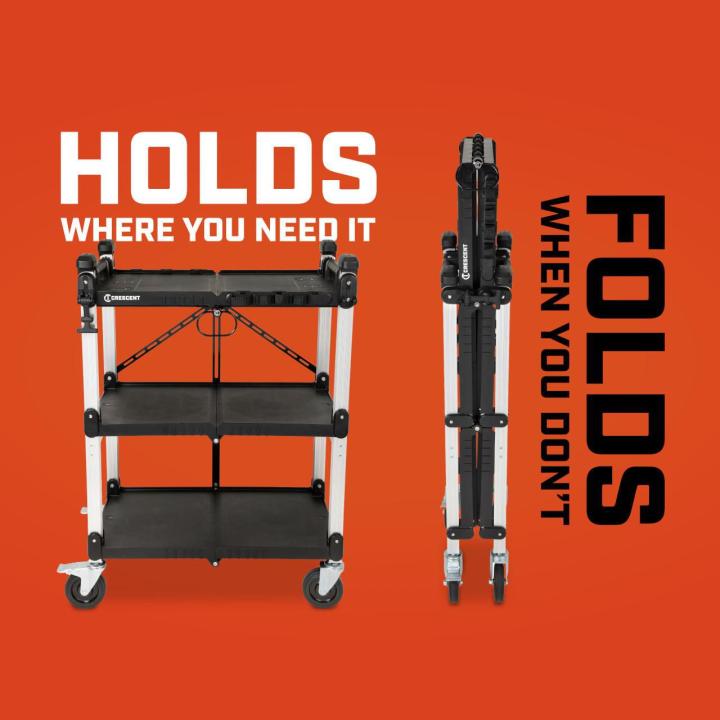 Three-shelf folding utility cart shown open and folded. Text reads HOLDS WHERE YOU NEED IT and FOLDS WHEN YOU DON'T.