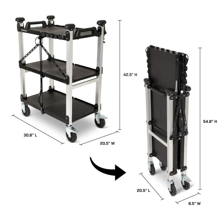 Three-shelf rolling cart shown open and folded. Open: 30.6 in L — 20.5 in W — 42.5 in H; folded: 20.5 in L — 8.5 in W — 54.8 in H.