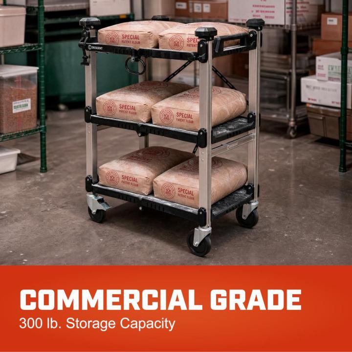 Three-shelf utility cart on casters holds flour bags.  Banner reads COMMERCIAL GRADE  for 300 lb. Storage Capacity.