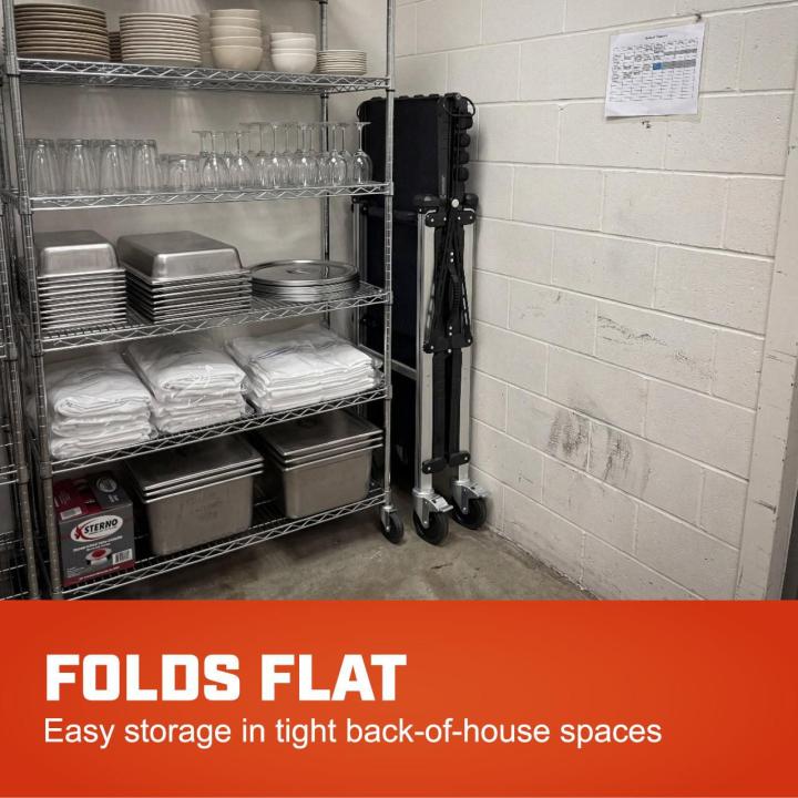 Folded three-shelf cart stands beside kitchen shelving with bowls, glasses, pans and linens. Text readsfolds flat for easy storage in tight back-of-house spaces.