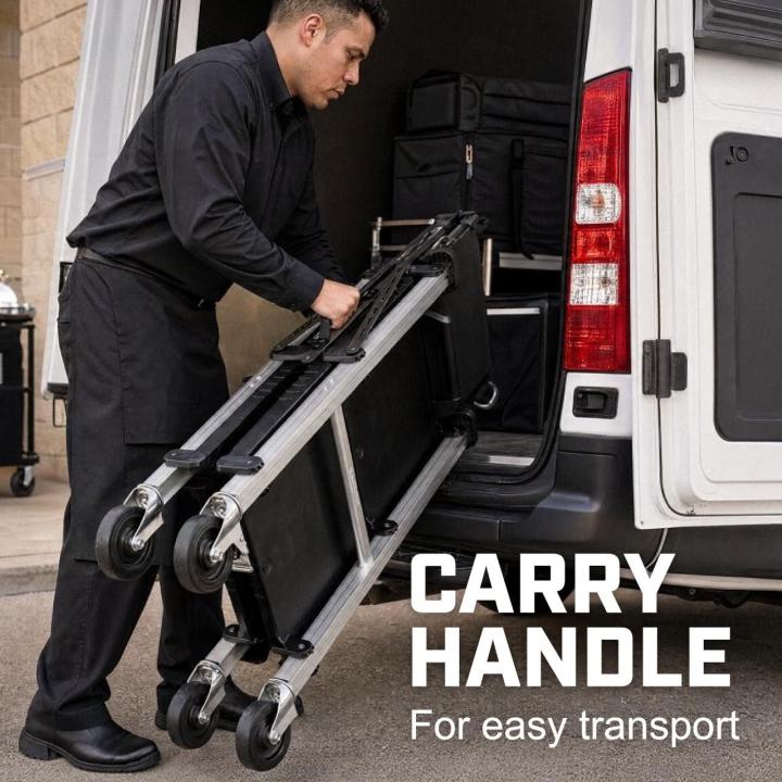 Man loads a folded three-shelf wheeled cart into a van. Text reads carry handles for easy transport.