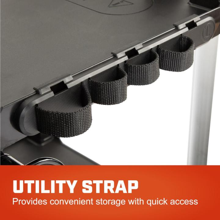Close-up of textured utility strap loops mounted to the cart. Text reads utility strap provides convenient storage with quick access.