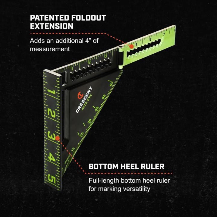 LSSP4NE 4-inch NITE EYE™ layout square showing patented foldout extension and bottom heel ruler for added measurement range and marking versatility.