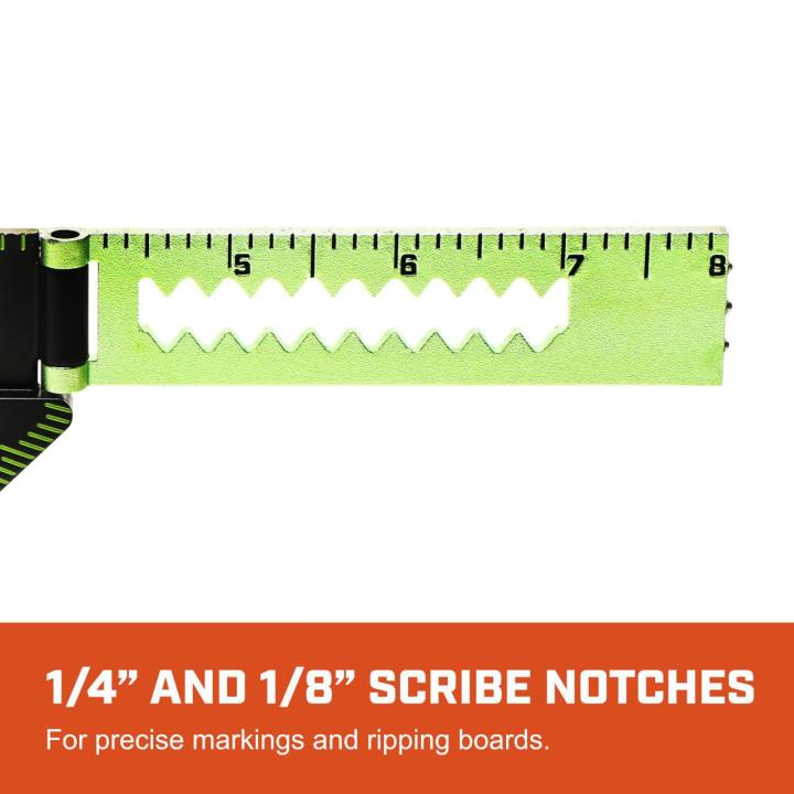 LSSP4NE 4-inch NITE EYE™ layout square close-up highlighting 1/4-inch and 1/8-inch scribe notches for precise marks and board ripping.