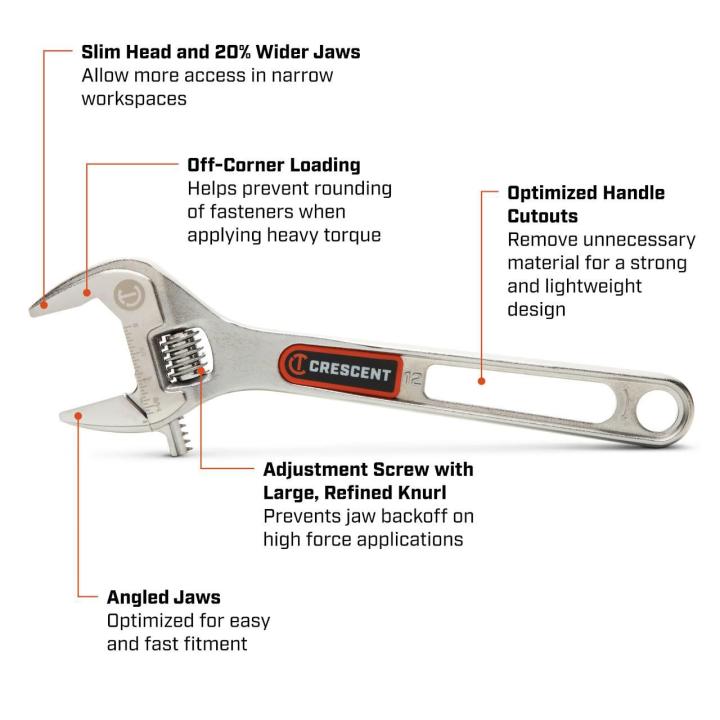 Text on image of the Chrome Adjustable Wrench highlighting the 20% wider jaw, off corner loading, handle cut outs for light weight design & adjustment screw with large refined jaws.