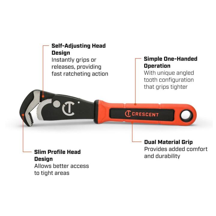 E-Graphic image of a Self-Adjusting Dual Material Pipe Wrench describing the benefits of its self adjusting head design, slim profile head and dual material grip.