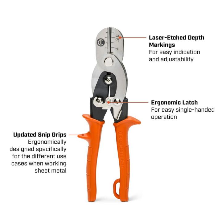 Text on image showing the laser etched depth markings, updated snip grips and ergonomic latch