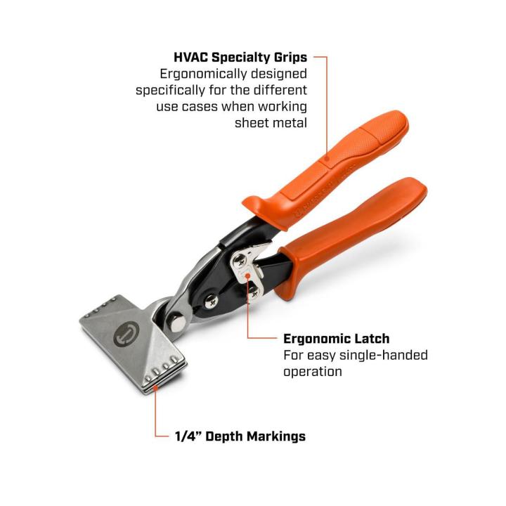 Crescent 3-inch straight hand seamer infographic showing specialty grips, ergonomic latch, and 1/4-inch depth markings.