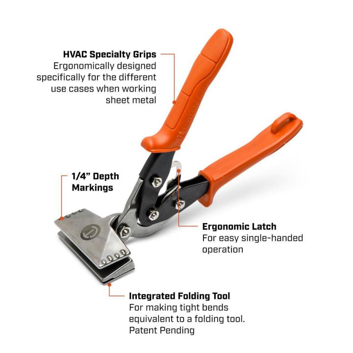 Crescent 6-inch hand seamer infographic showing specialty grips, ergonomic latch, integrated folding tool, and 1/4-inch depth markings.