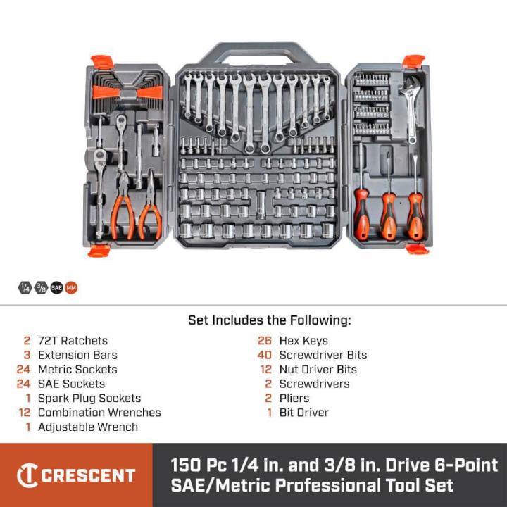 150 Piece Mechanics Tool Set organized in an open carrying case with ratchets, sockets, wrenches, screwdrivers, pliers, hex keys, bits, and accessories.