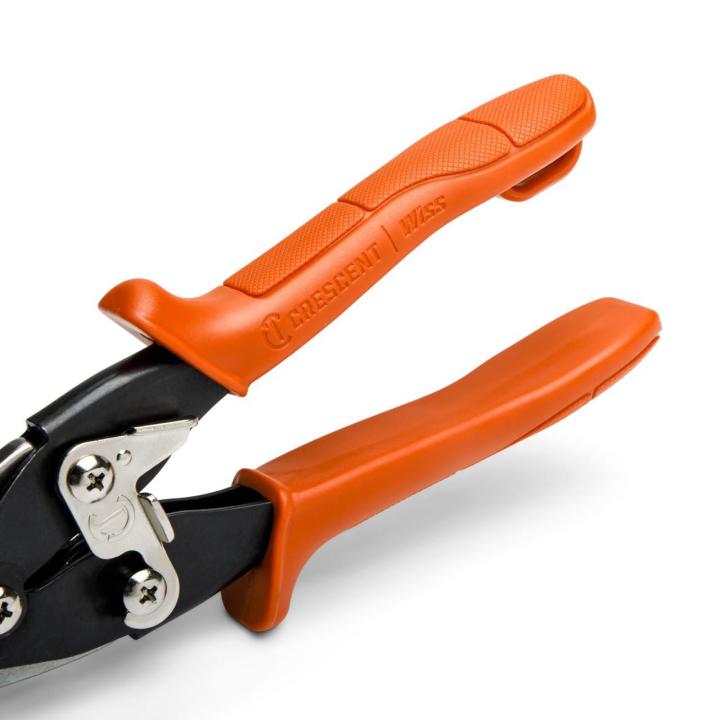 Close-up of the WS3N hand seamer orange handles, grip texture, latch, and black pivot hardware.