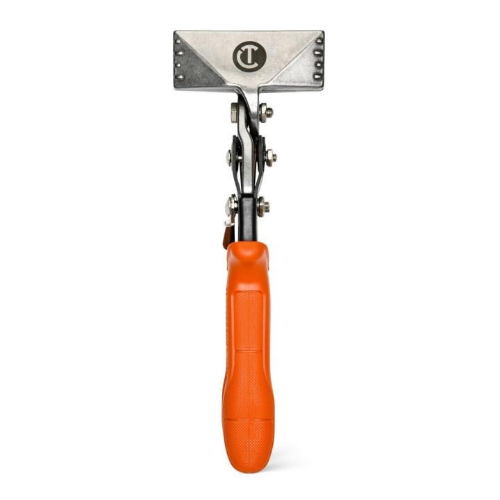Front upright view of the Crescent WS3N straight hand seamer with orange handles and a 3-inch silver jaw.