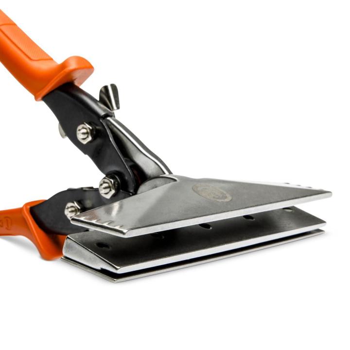 Close-up of the WS6N hand seamer jaw showing the wide silver plates, latch, and orange handle.