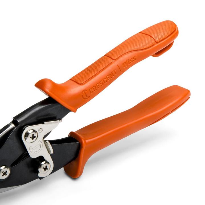 Close-up of the WS6N hand seamer orange handles with grip texture, latch, and black pivot hardware.