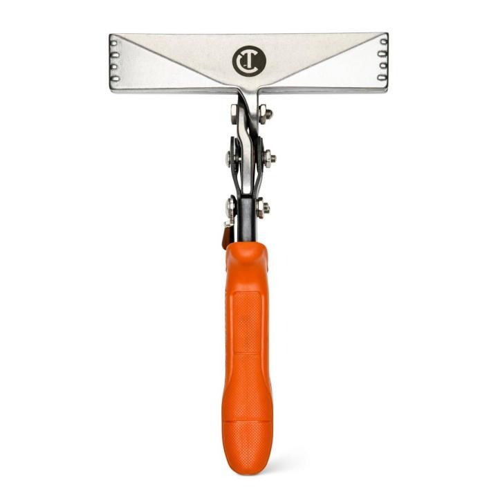 Front upright view of the Crescent WS6N straight hand seamer with orange handle and wide silver jaw.