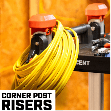 Yellow electrical cord hanging on the corner post risers of the Crescent SITERUNNER cart