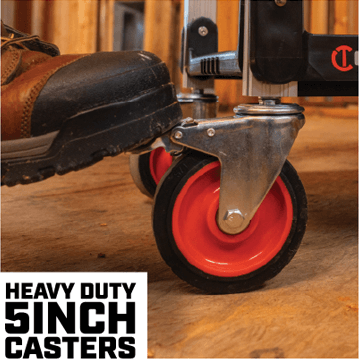 Man's boot engaging the wheel lock on the Crescent SITERUNNER cart