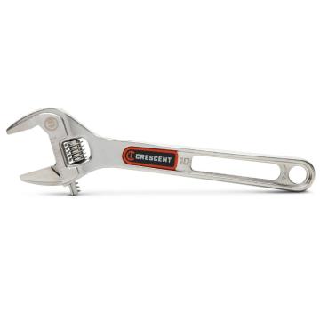 Image of the Crescent  10" Chrome Adjustable Wrench with Quick-Fit-Jaw on a white background with the adjustable jaw towards the left side and the handle towards the right side of the image.