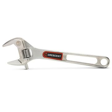 Image of the Crescent  12" Chrome Adjustable Wrench with Quick-Fit-Jaw on a white background with the adjustable jaw towards the left side and the handle towards the right side of the image.