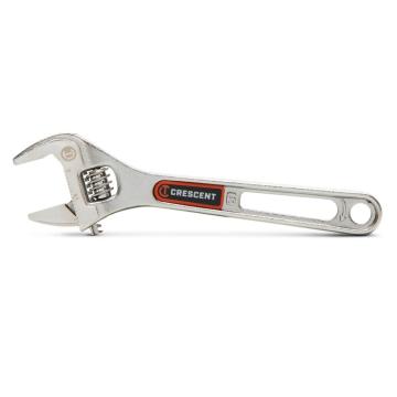 Image of the Crescent  6" Chrome Adjustable Wrench with Quick-Fit-Jaw on a white background with the adjustable jaw towards the left side and the handle towards the right side of the image.