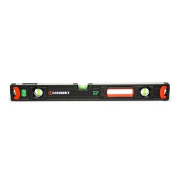 Front view of the black and orange 24" NITE EYE™ Aluminum Box Beam Level showing the 3 fluorescent vials and shock absorbing end caps