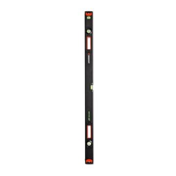 Front view of the black and orange 48" NITE EYE™ Aluminum Box Beam Level showing the 3 fluorescent vials and shock absorbing end caps