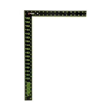 Front view of the black with fluorescent green 16" x 24" NITE EYE™ Framing Square showing common rafter lengths