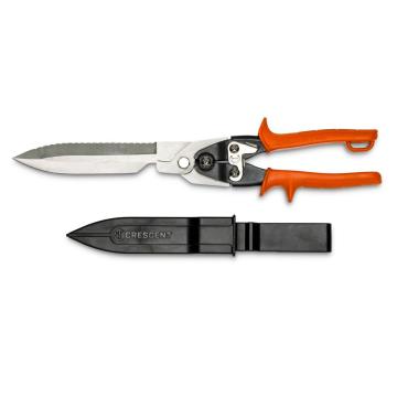 Image of the Crescent CTCFDH with the blade toward the left side and the orange handles towards the right side of the image and also showing the black sheath