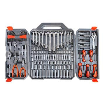 180 Piece Mechanics Tool Set organized in an open carrying case with ratchets, sockets, combination wrenches, screwdrivers, pliers, hex keys, bits, extensions, and adjustable wrenches.