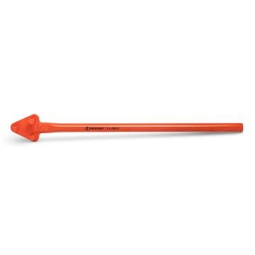 Orange Crescent 34-inch 3-pin rebar bender laid horizontally, with the three-pin head at left and the long handle extending right on a white background.