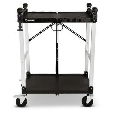 Front view of a black-and-white Crescent SITERUNNER collapsible utility cart with two shelves, four casters, side handles, and diagonal rear braces. Crescent logo on top shelf; white background.