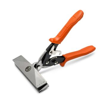 Angled upright view of the Crescent WS6N hand seamer with orange handles and a wide rectangular silver jaw.